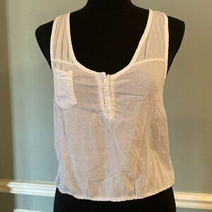 Brandy Melville White Lightweight Pocket Henley Cropped Keyhole Back Tank Top On
